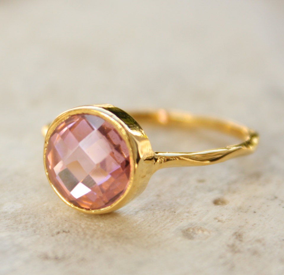 Gold Pink Quartz Ring - Gemstone Ring - Stacking Ring, Brilliant Round Cut