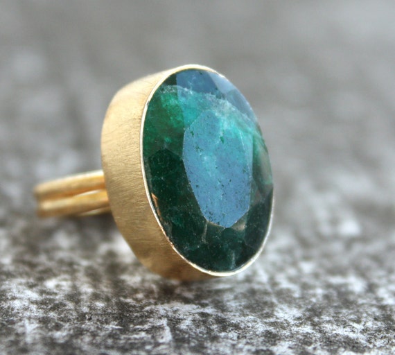 Gold Green Emerald Ring - Oval Cut - Adjustable Ring