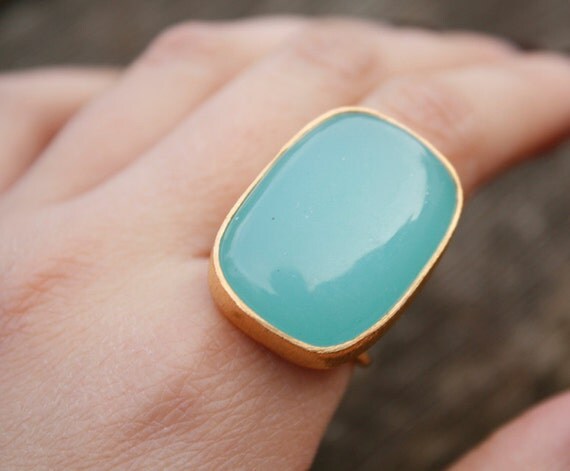 SALE Large Aqua Blue Chalcedony Ring - Rectangle - Adjustable Ring, Marked Down