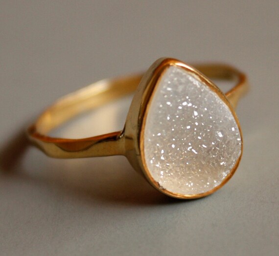 Gemstone Ring - Druzy Ring - White Agate Druzy - Teardrop Shape - Stacking Ring