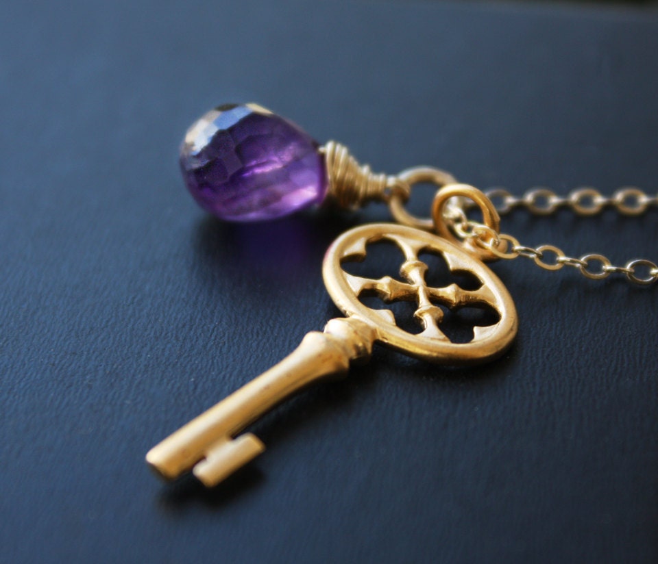 Gold Key Necklace - Skeleton Key - Purple Amethyst - Autumn charm necklace