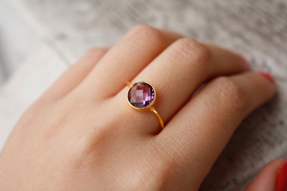 SALE 15 OFF Gold Purple Amethyst Ring - Gemstone Ring, Stackable ring - February Birthstone Ring