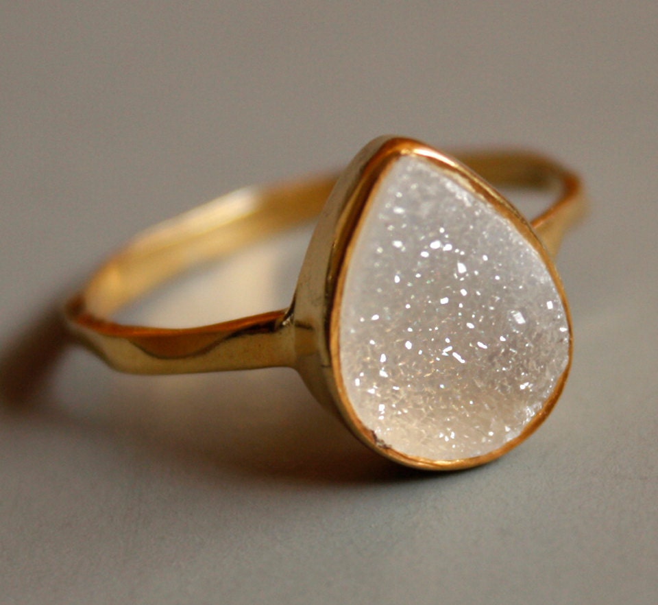 Gemstone Ring - Druzy Ring - White Agate Druzy - Teardrop Shape - Stacking Ring