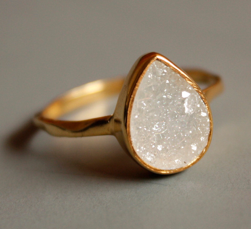 Gemstone Ring - Druzy Ring - White Agate Druzy - Teardrop Shape - Stacking Ring
