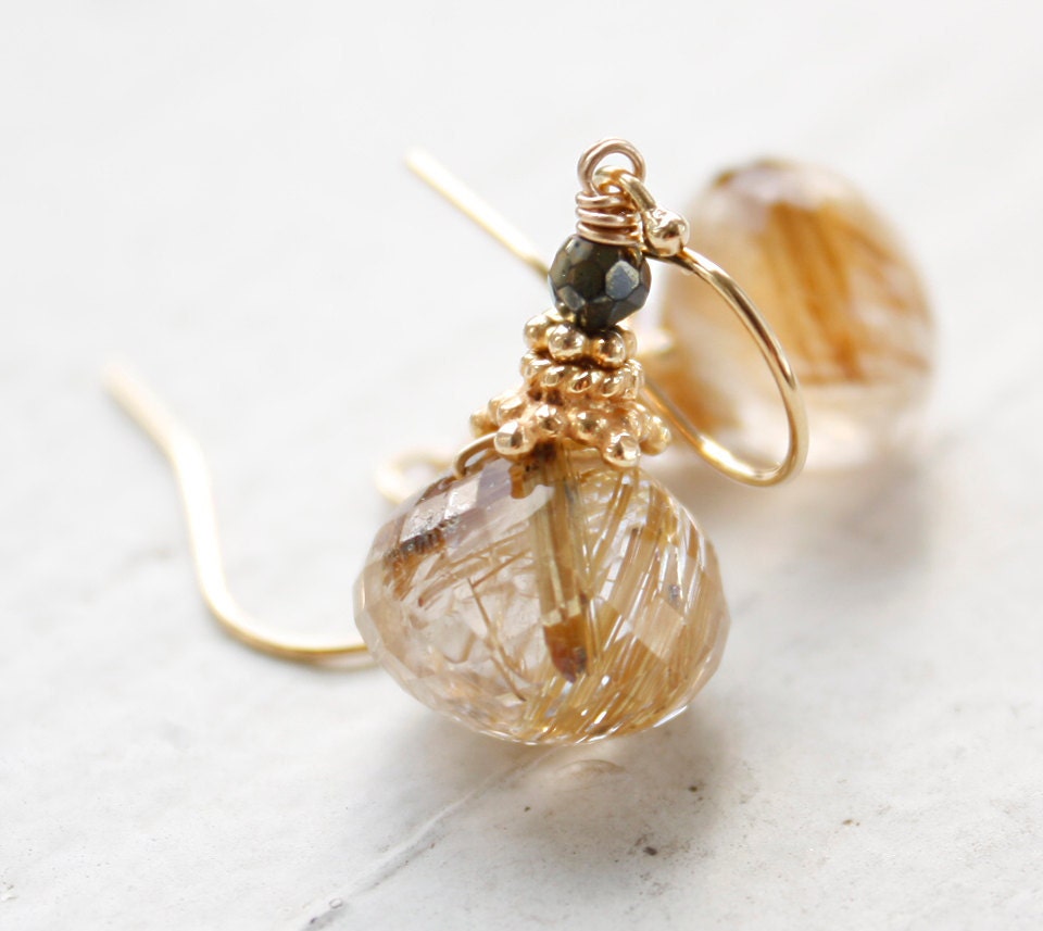 Gold Rutilated Quartz and Black Pyrite Earrings - Golden Rutile Quartz - 14Kt Gold Fill