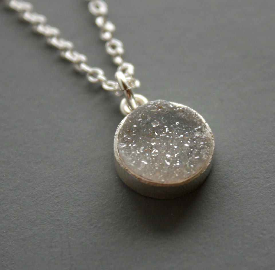 Soft Grey Agate Druzy Necklace - Silver - Round Pendant