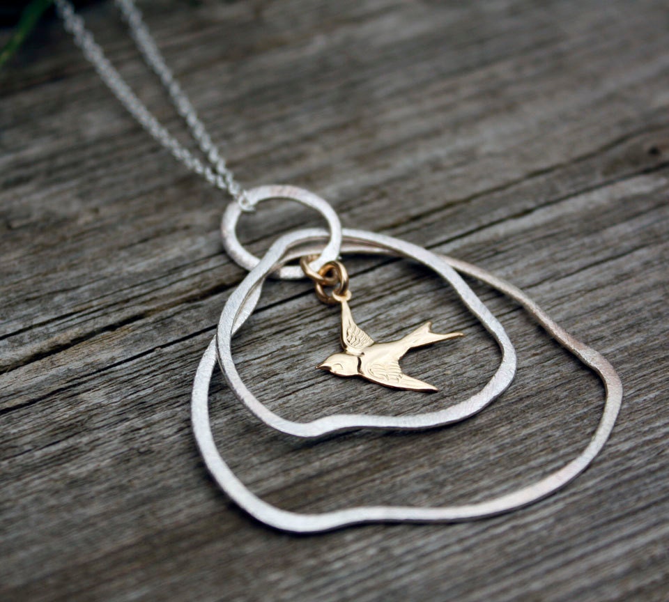 SALE 15 OFF Sparrow Charm Necklace - Sterling Silver, Gold Filled - Two Tone Necklace, Bird Necklace, OOAK