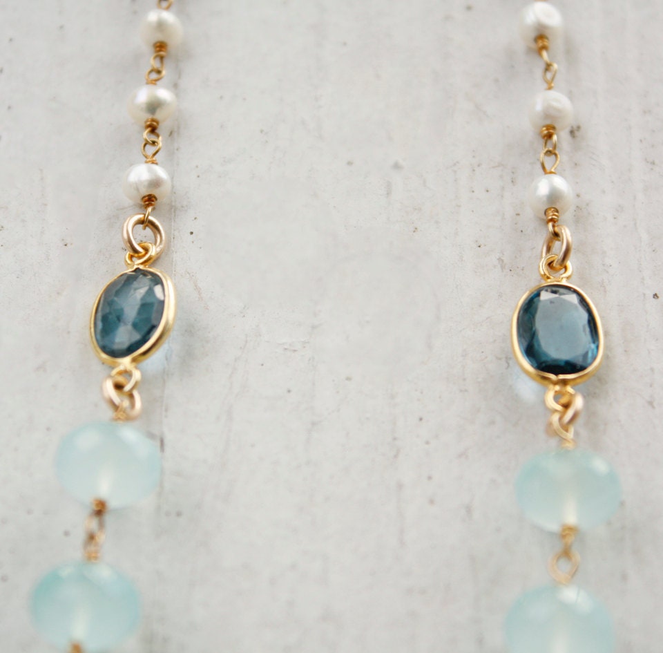 Memorial Day SALE Aqua Blue Chalcedony Necklace - Mint Green, Sea Foam Green - Blue Topaz, White Freshwater Pearls, Something Blue
