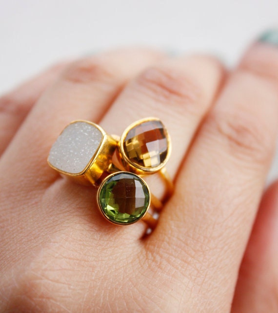 White Druzy Ring - Oval Shaped Ring - Natural Geode Ring