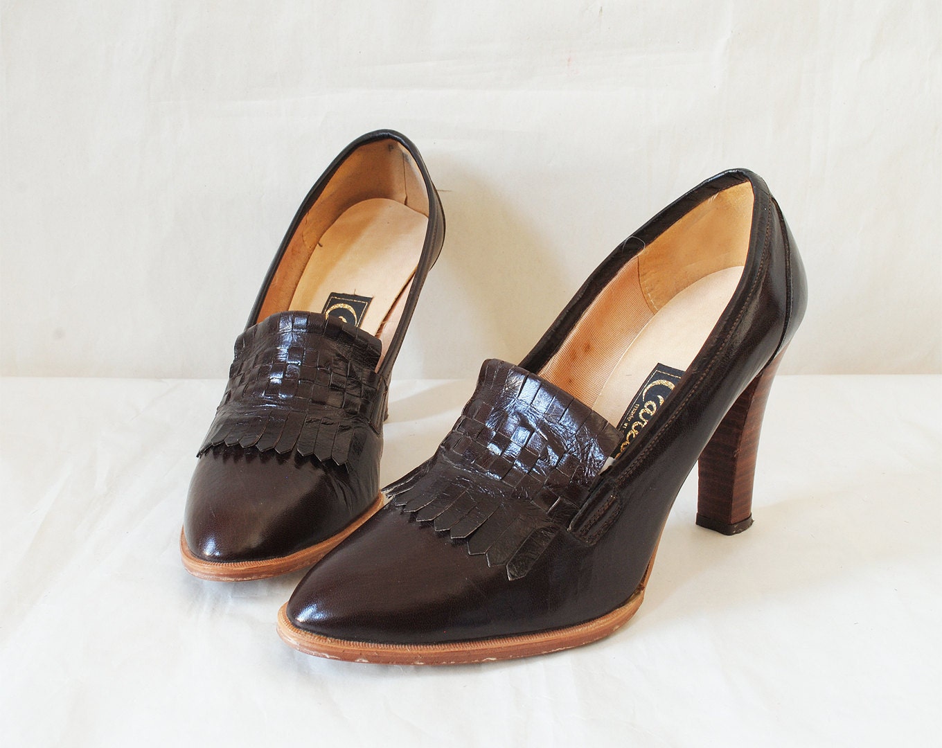 Vintage Platform Wood Heels Size 8.5 Dark Brown Leather Fringe