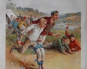 Vintage Color Print of Illustration of School Boys Playing in an Outdoor 3 Legged Race from Early 1900s.