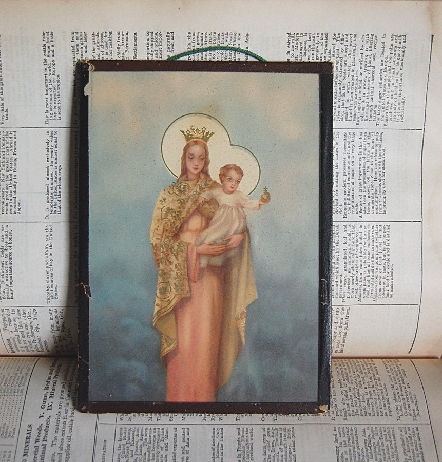 Vintage Virgin Mary with Baby Christ Small Print Under Glass.