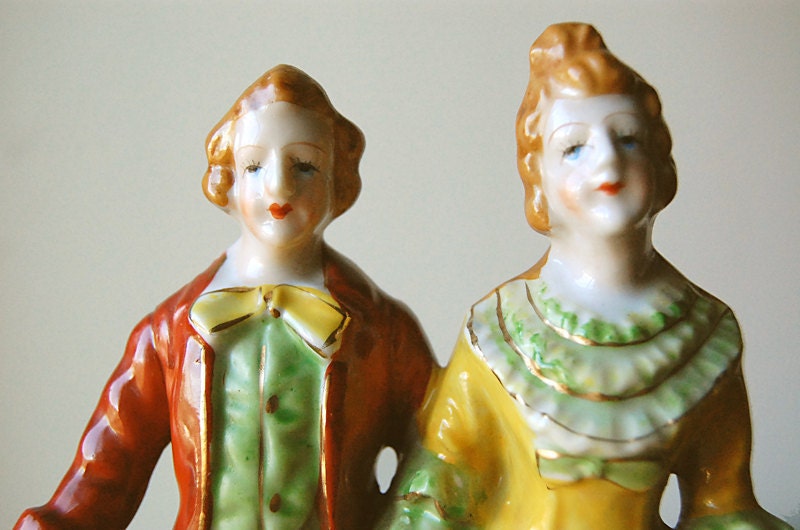 Vintage Figurine of 18th Century Costumed Couple in Orange Red and Green Handpainted from Occupied MidCentury Japan.