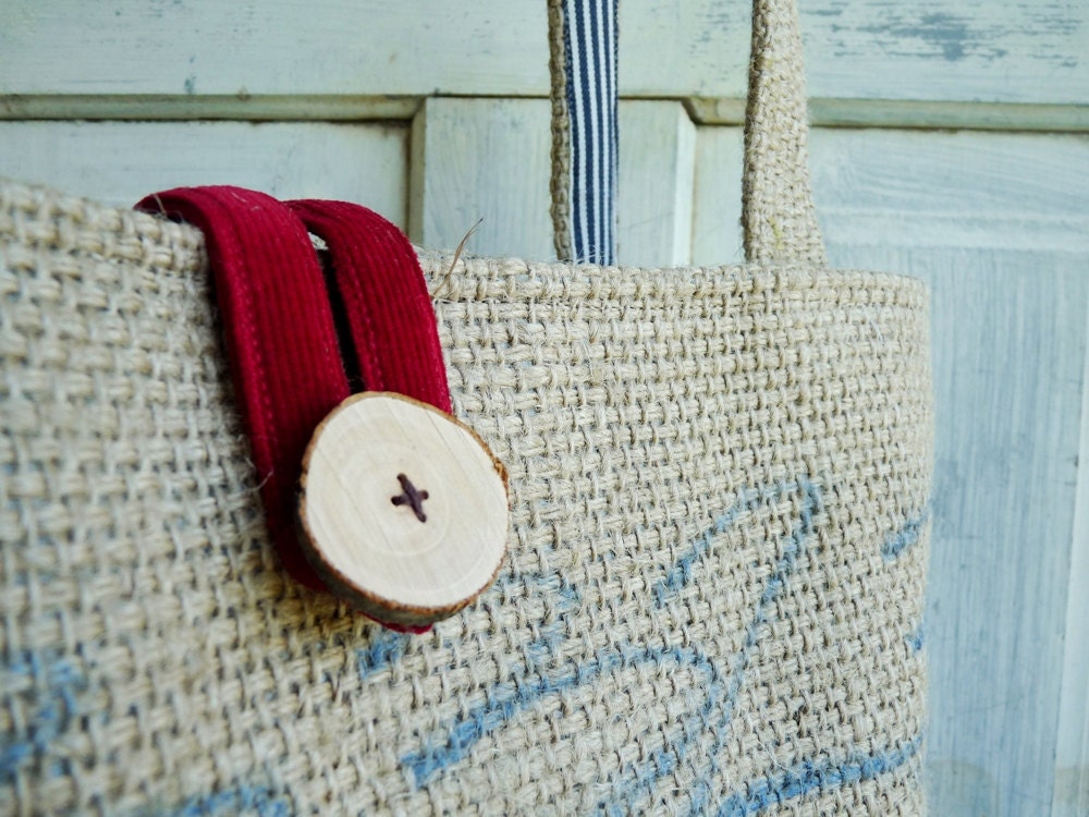Upcycled LeAH tote. Everyday bag. Book bag. Burlap coffee sack. Navy blue and white stripes. Red corduroy.