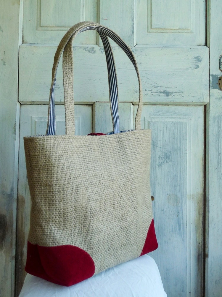 Upcycled LeAH tote. Everyday bag. Book bag. Burlap coffee sack. Navy blue and white stripes. Red corduroy.