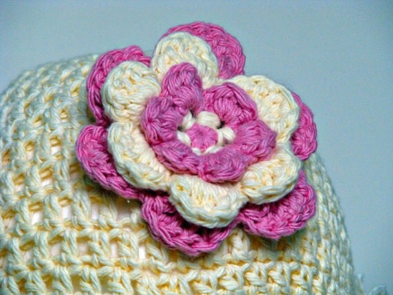 Baby Girls Basic Beanie with Flower in Cream and Rose Pink