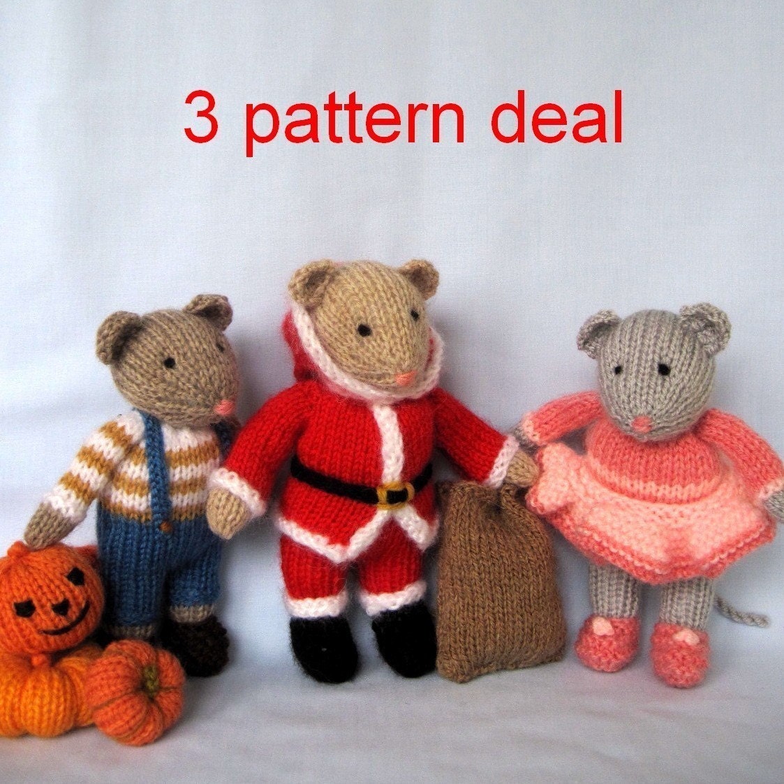 Pip,  Santa and and Darcy - 3 pattern deal - knitted toy mouse dolls - INSTANT DOWNLOAD - PDF email knitting patterns - ePatterns