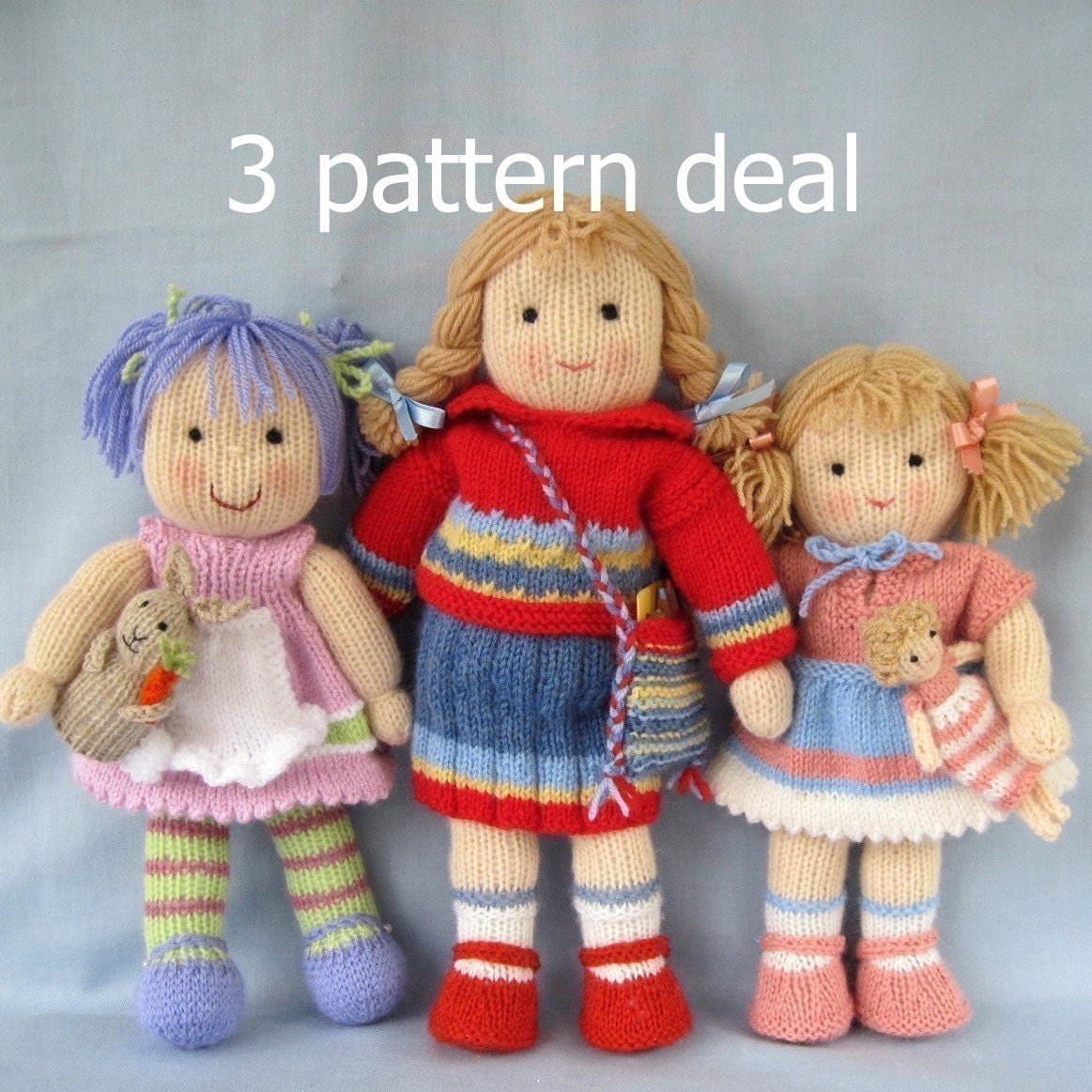Lucy Lavender, Tilly, and Lulu - 3 pattern deal - knitted toy dolls - INSTANT DOWNLOAD - PDF email knitting pattern - ePattern