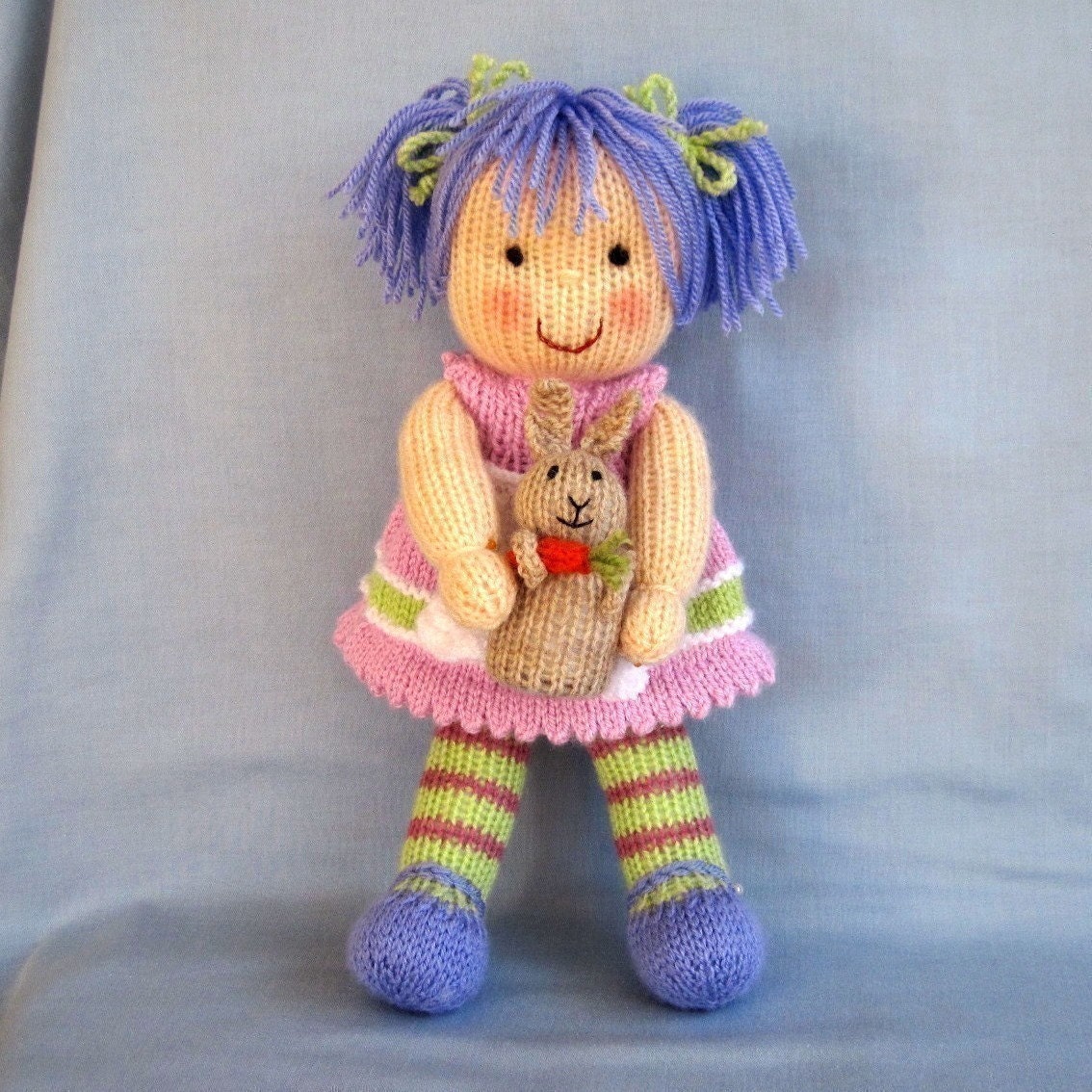 Lucy Lavender and rabbit - knitted toy doll - INSTANT DOWNLOAD - PDF email knitting pattern - ePattern