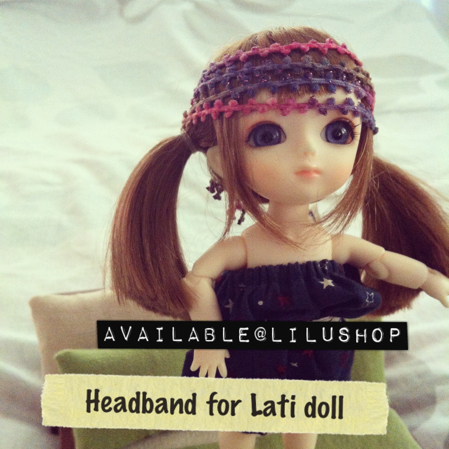 Pink striped headband Boho style hair accessory for Lati doll yellow or similar BJD