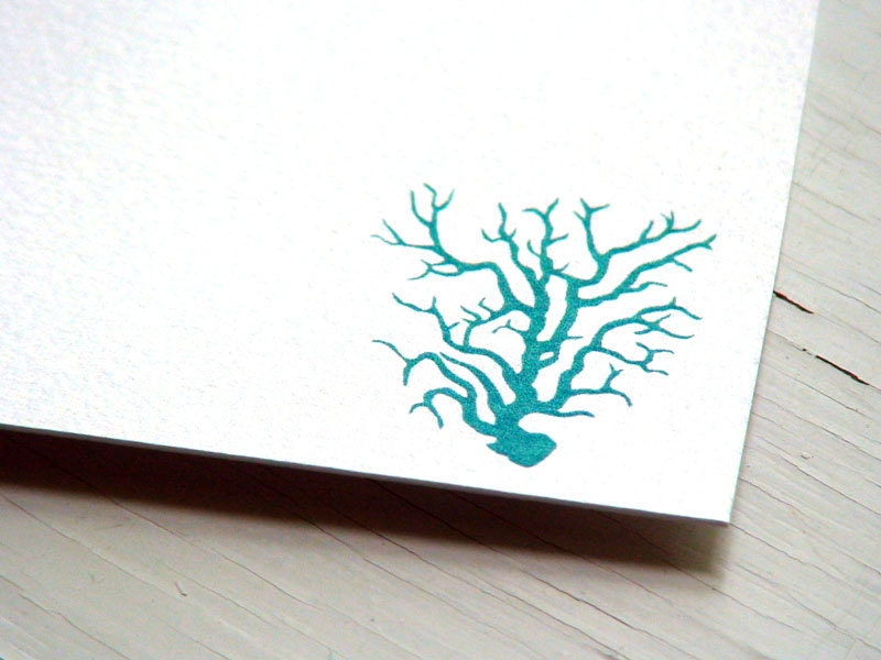 Coral Personalized Stationery - Nautical Notecards - Blue and White Flat Cards - Thank You Notes - Blank Notes  - Set of 10