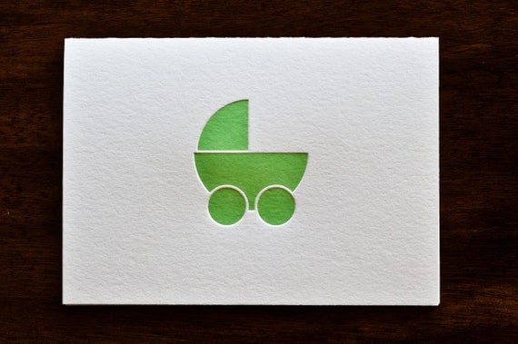 Pram (green) letterpress card - set of six