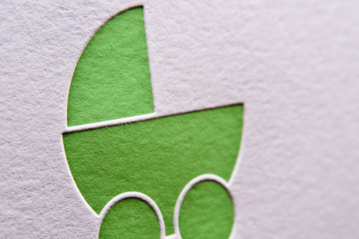 Pram (green) letterpress card - set of six