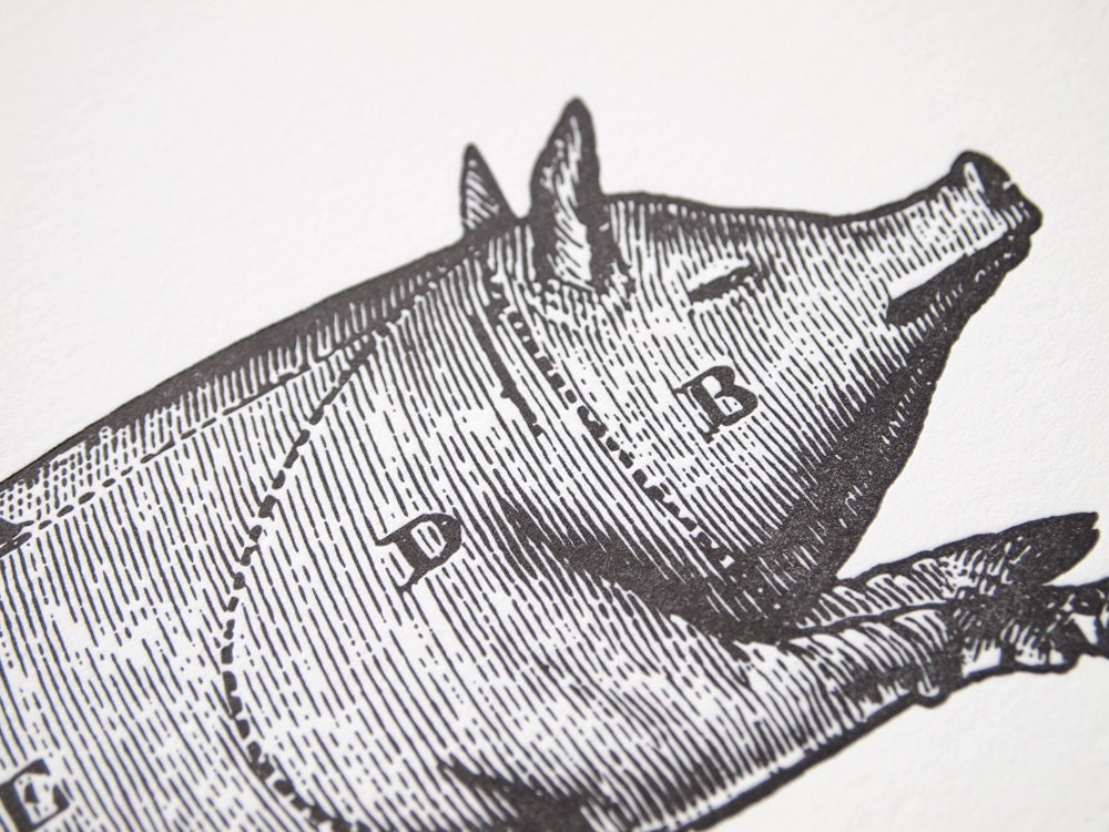 Letterpress Art Print Le Cochon 8x10 - Pork Meat Cuts Chart - Vintage Pig Diagram