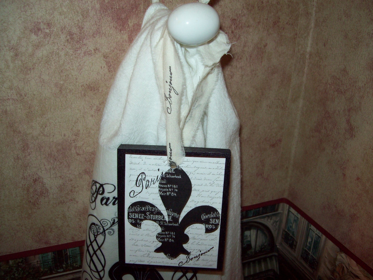 Shabby French wood fleur de lis ornament handstamped ribbon