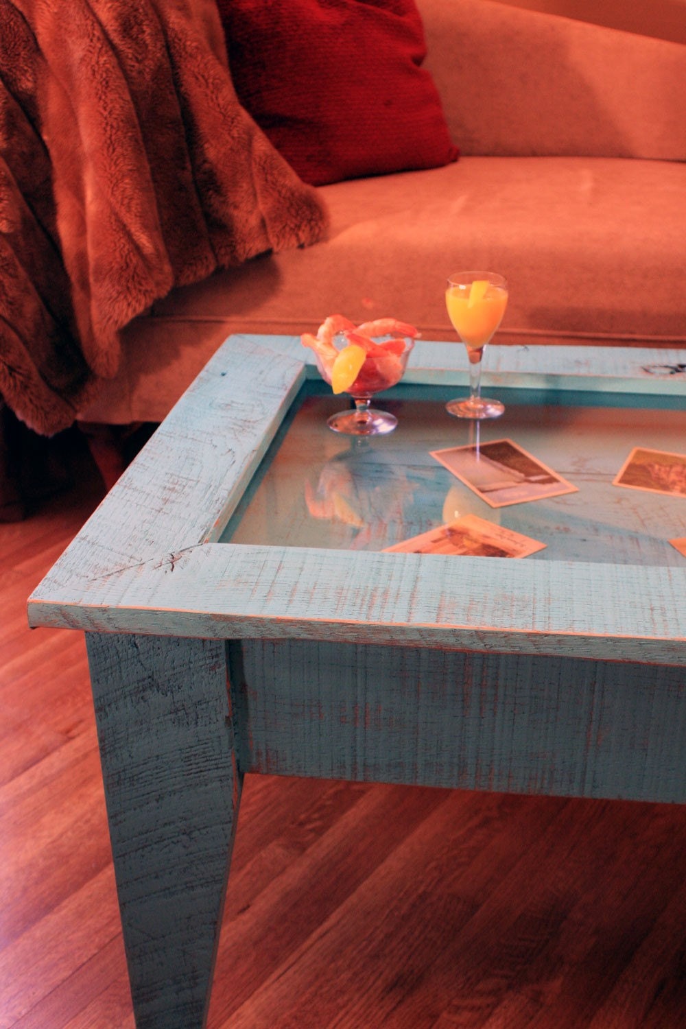 Display Coffee Table with Glass Top, Reclaimed Wood, Rustic Contemporary, Distressed Turquoise Finish - Handmade