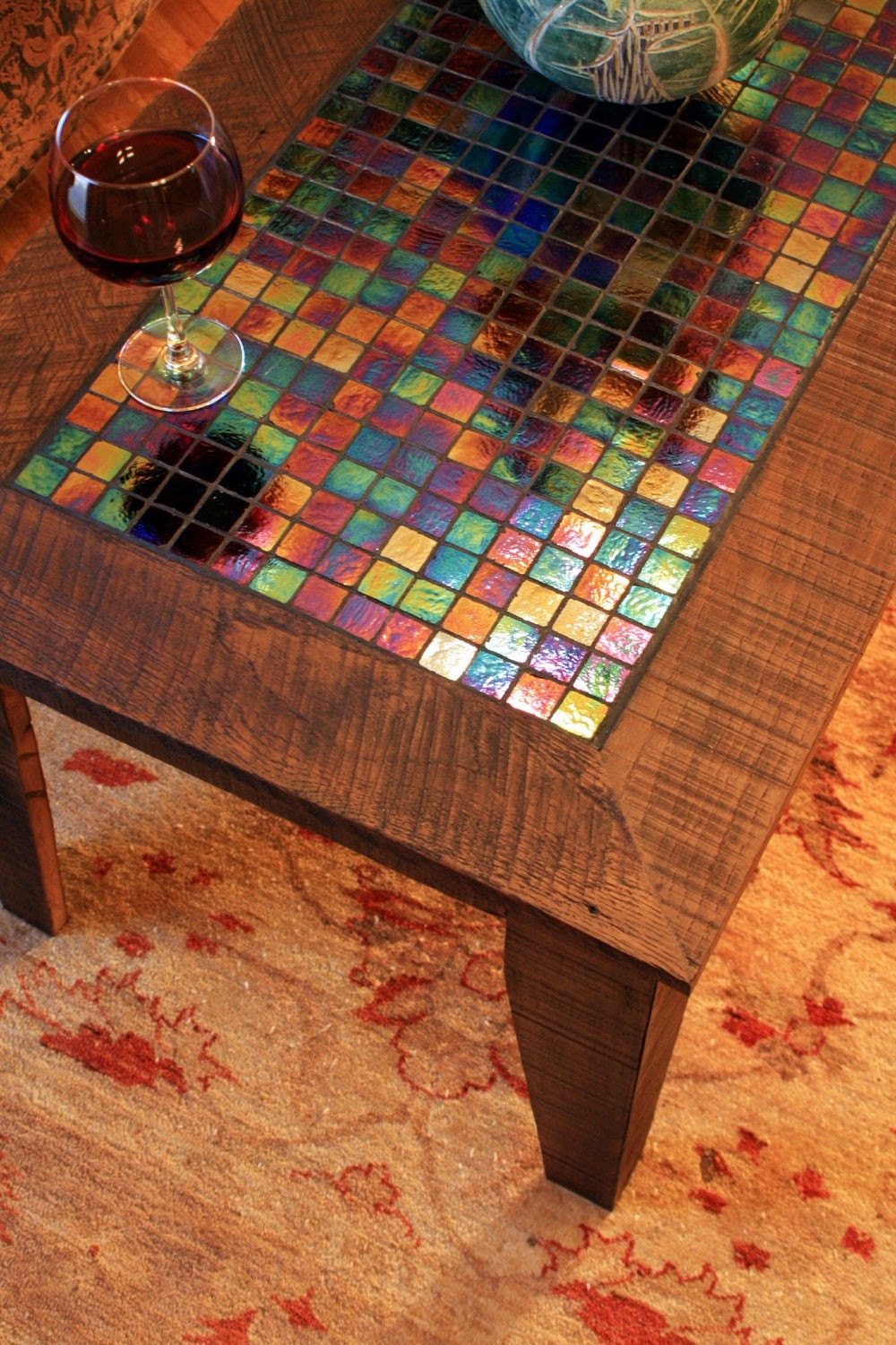 Large Coffee Table with Irridescent Glass Tile Inlay, Rustic Contemporary, Java Finish - "The Starry Night" - Handmade