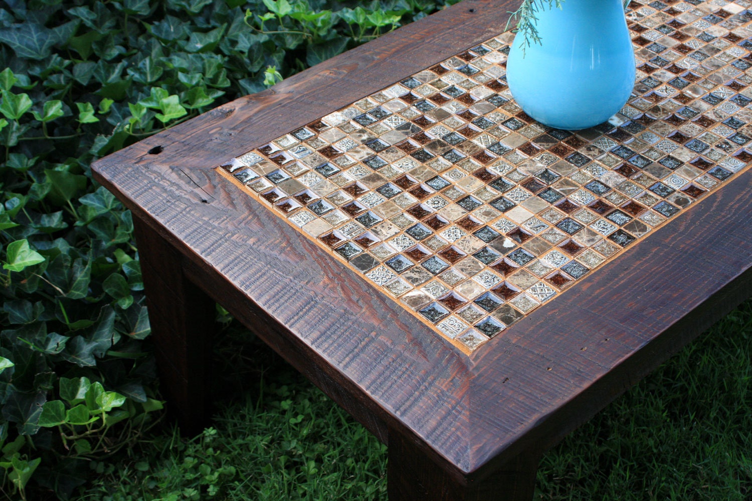 Coffee Table, Glass / Stone Tile Mosaic, Reclaimed Wood, Rustic Contemporary, "Roman Ruins", Dark Brown Wax Finish - Handmade