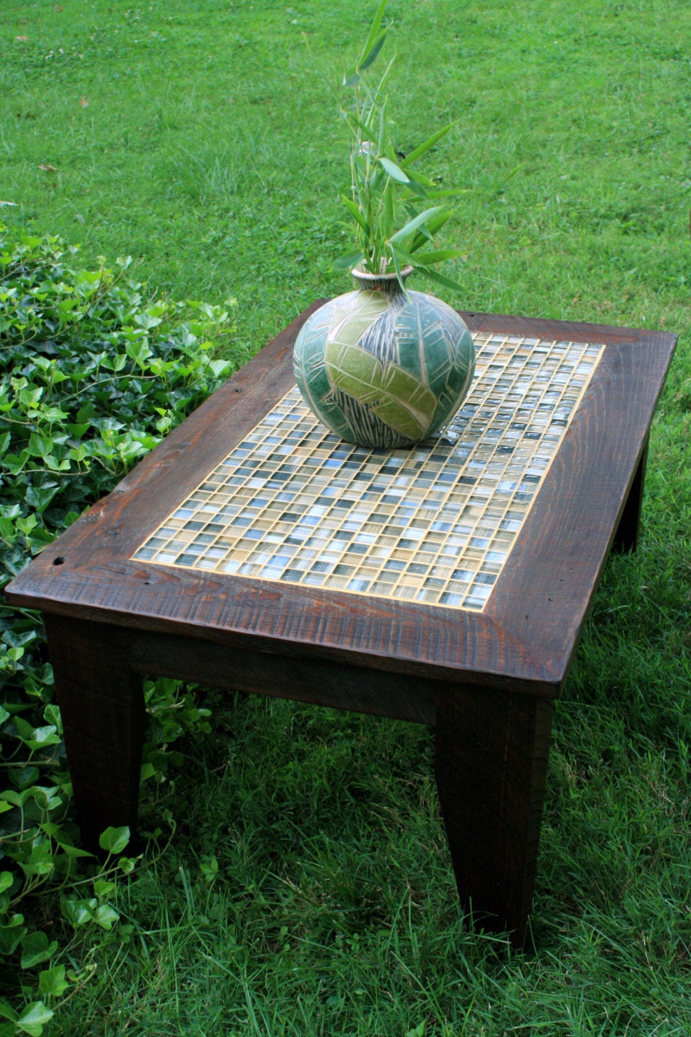 Coffee Table, Tile Mosaic, Reclaimed Wood, Rustic Contemporary, "Bamboo Beach", Dark Brown Wax Finish - Handmade