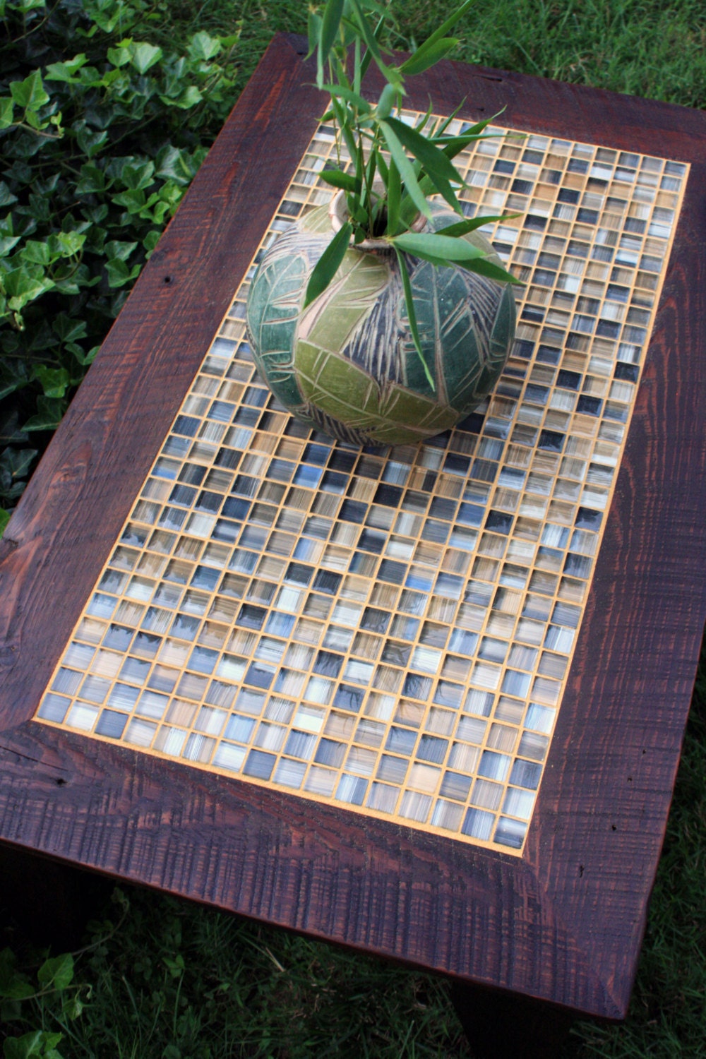 Coffee Table, Tile Mosaic, Reclaimed Wood, Rustic Contemporary, "Bamboo Beach", Dark Brown Wax Finish - Handmade