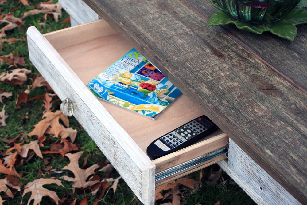 Large Coffee Table, Reclaimed Wood, Rustic Contemporary, Natural and Distressed White Finish - Handmade