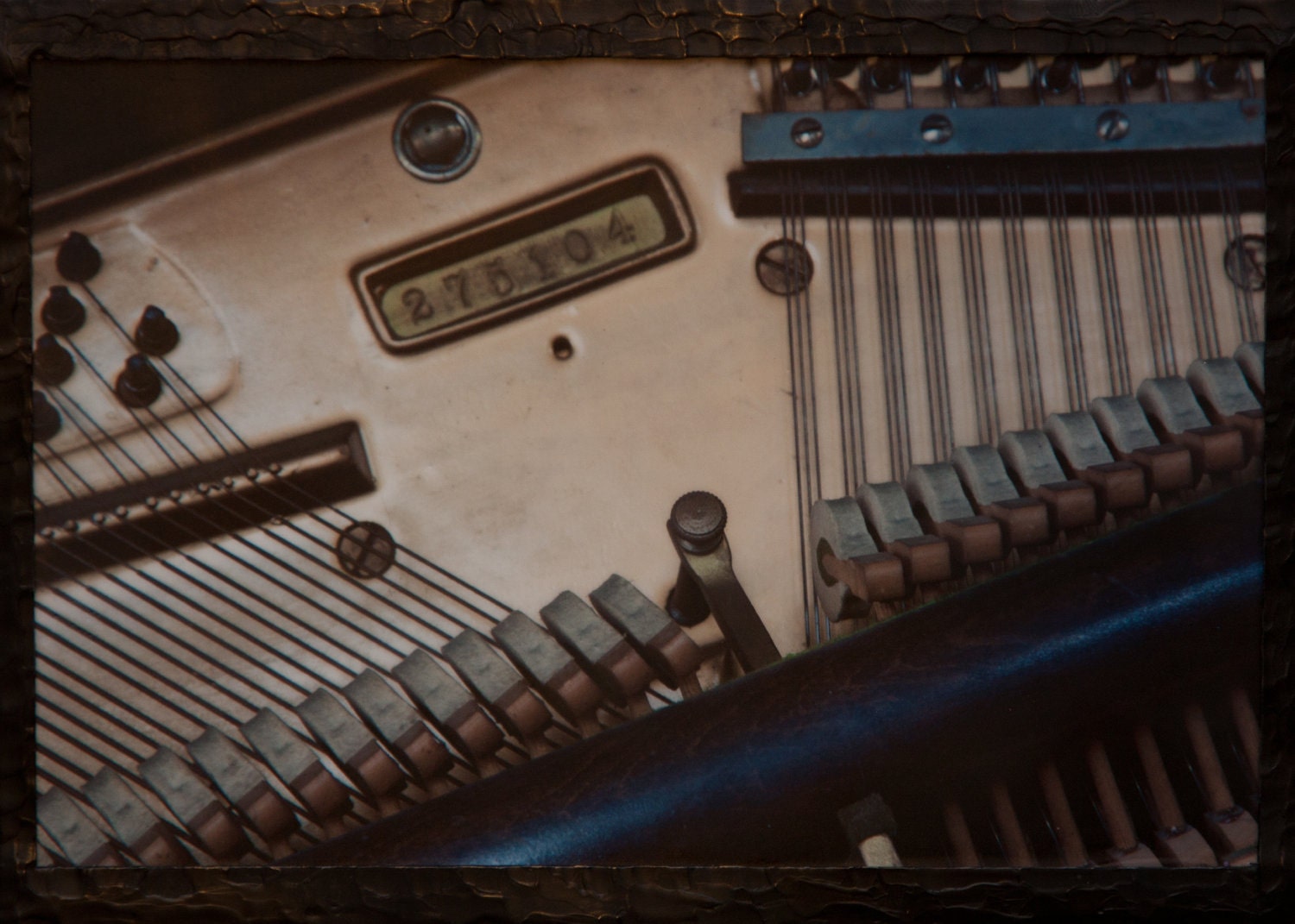 5x7 Encaustic Photograph of an antique piano's mechanics