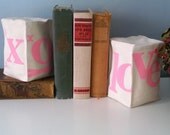 Love and XOXO - Pair of Hand Stamped Bookends in Pink