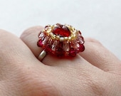 Swarovski Cocktail Ring - Adjustable -  Beaded Red and Golden Toned Beads