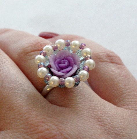 Swarovski and Purple Lilac Clay Rose Beaded Ring - Adjustable