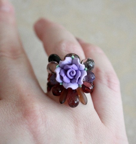 Flower Bouquet Beaded Baroque Ring - Violet Rose - Choose your size