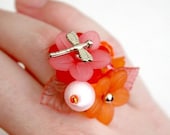 Flower Bouquet Ring With Dragonfly - Original Design Adjustable