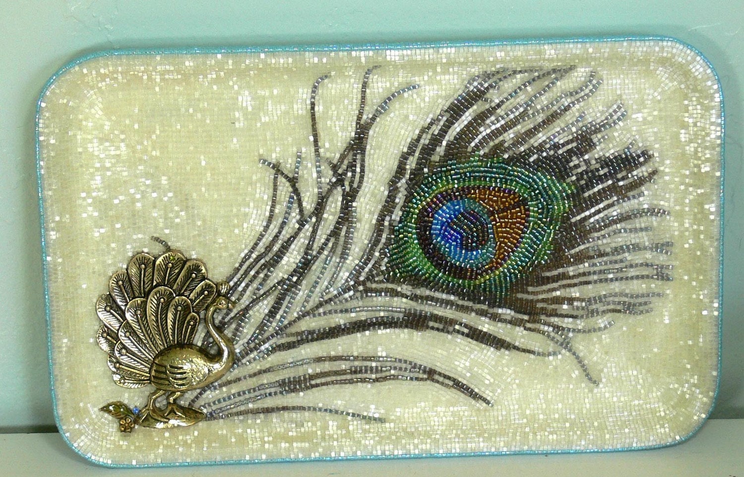 Peacock Feather Tray beaded jewerly keeper candle holder