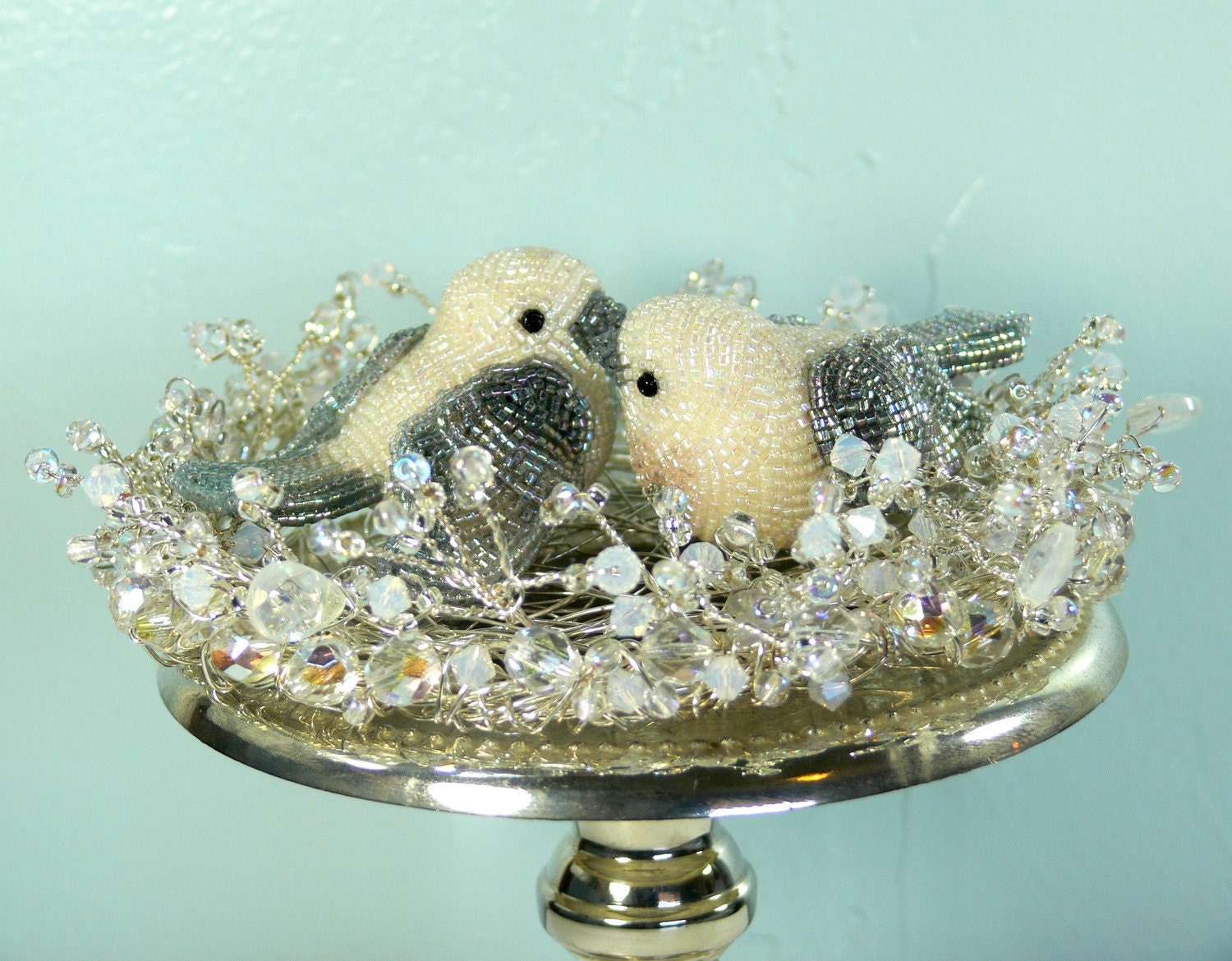 Love Doves handmade beaded wedding cake topper & jeweled nest