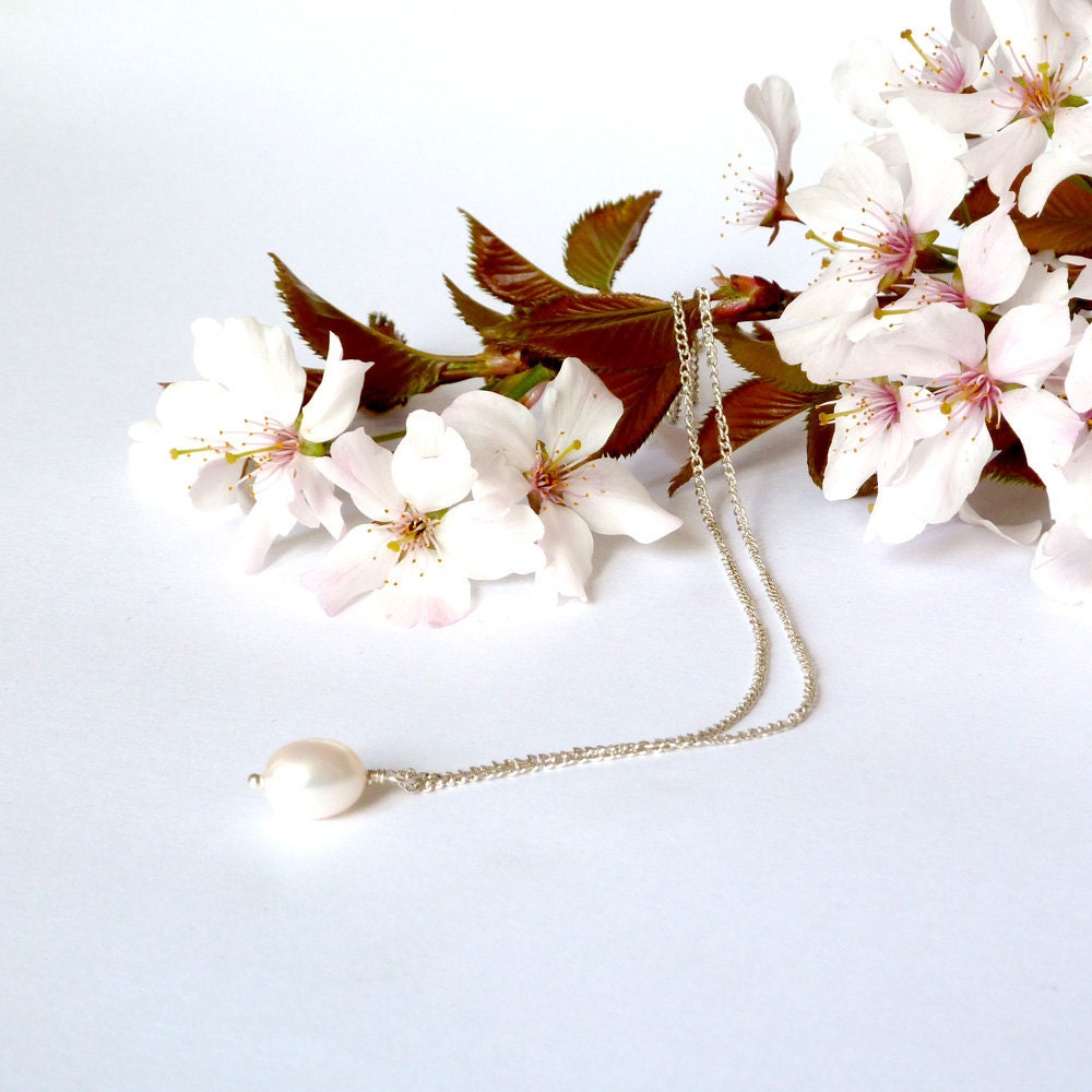 Single Drop Pearl Necklace on Silver Chain - Sofia