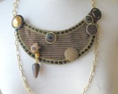 BROWN TWEED Bib Necklace with Vintage Buttons and Chain by MaggieGlynn