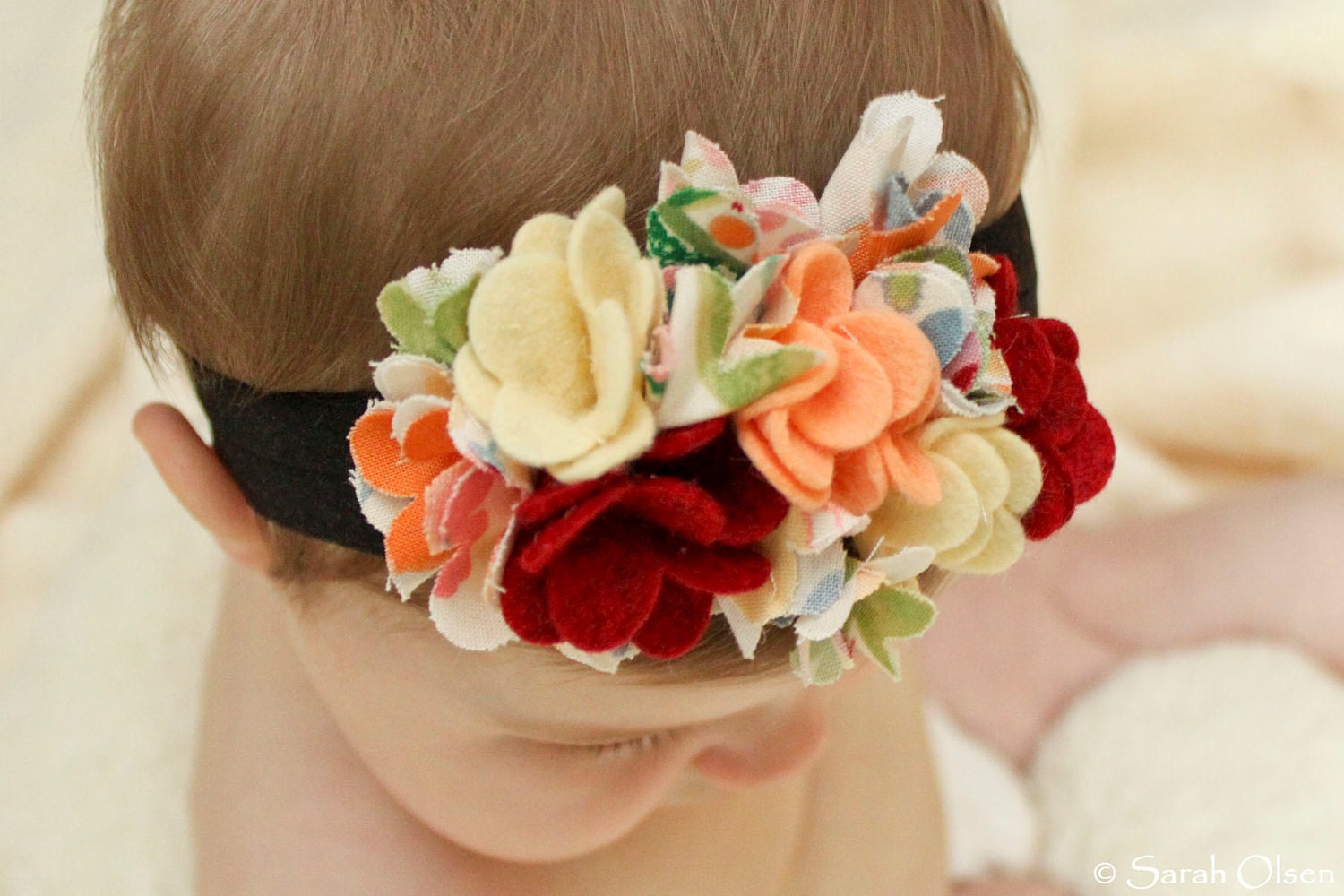 Yellow / Orange Felt and Fabric Flower Headband with Soft Elastic Band