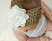 White Felt Flower Headband with Soft Tan Stretch Band