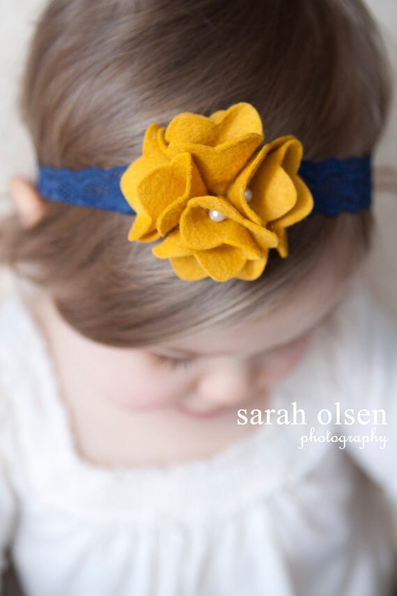 Mustard Yellow Felt Flower with Navy Blue Lace Headband