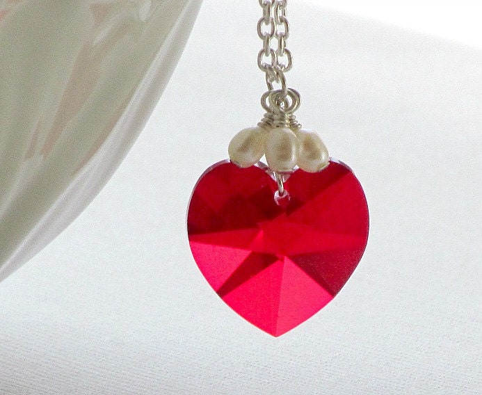 40% Off - Red Heart Necklace, Swarovski Crystal Heart, Freshwater Pearls, Handmade by Studio Seventy FIve