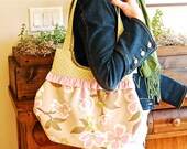 Handmade Ruffled Purse - Tan Pink and Green Botanical with Pink Ruffle and Green Dot Straps